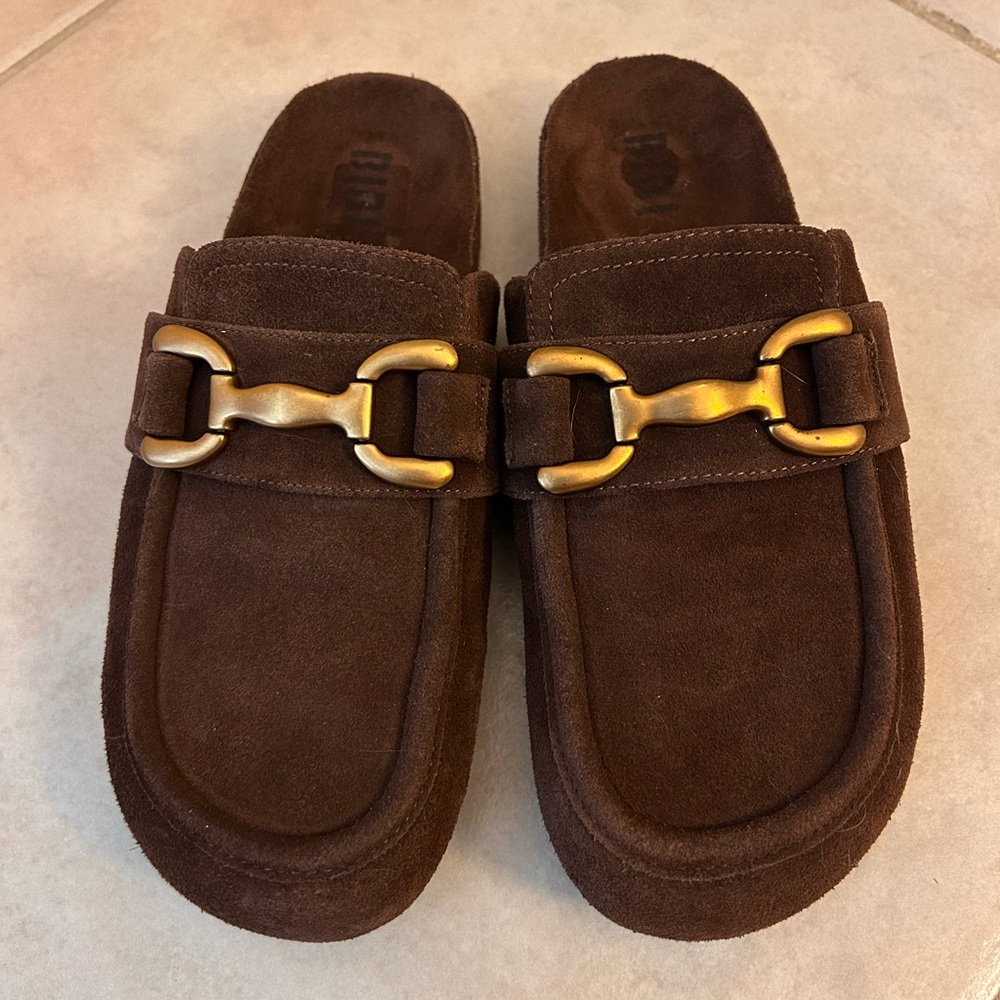 Anthropologie Bibi Lou Zagreb Clogs Brown Mules with Gold Buckle 7.5